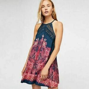 FREE PEOPLE intimately Navy Blue Shea Crochet Printed Slip Mini Dress US small